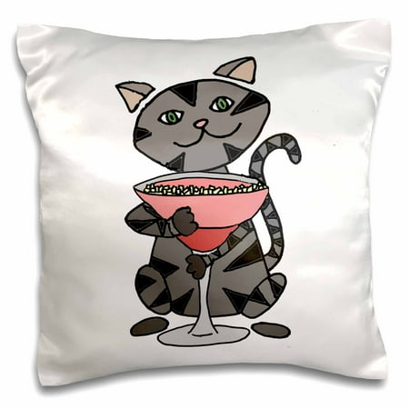 Gray Tabby Cats - 3dRose Funny Cute Grey Tabby Kitty Cat Drinking Margarita - Pillow Case, 16 by 16-inch