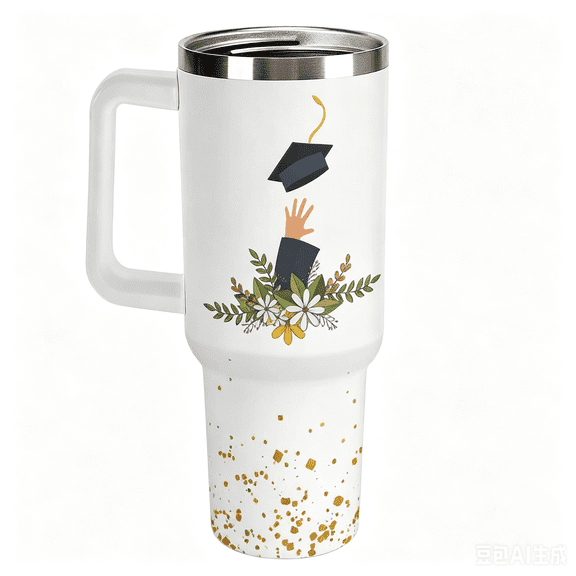 40 oz Graduation Floral Tumbler with Handle and Straw, Insulated Stainless Steel Travel Cup for Grad Gifts