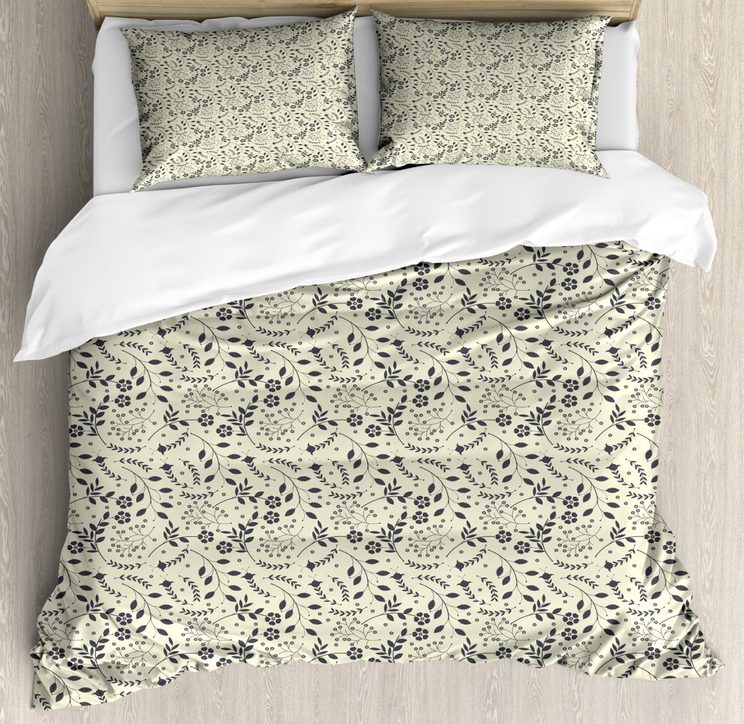 Floral Duvet Cover Set King Size, Spring Flowers with Curled Leafy
