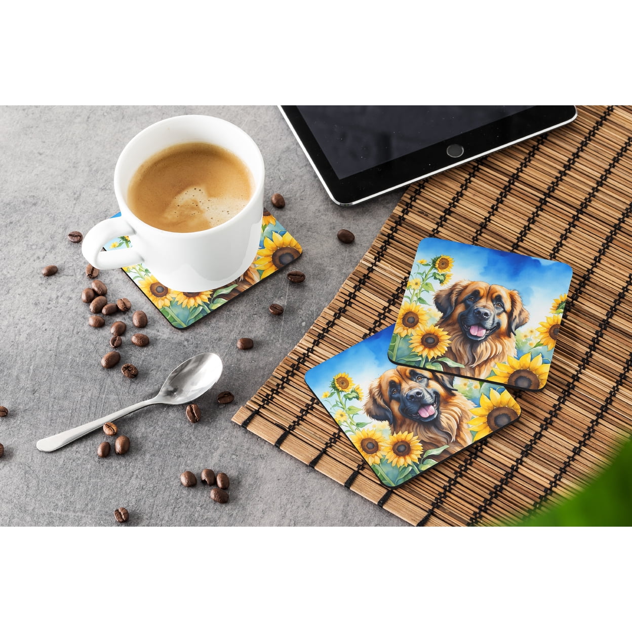 Leonberger in Sunflowers Foam Coasters 3.5 in x 3.5 in
