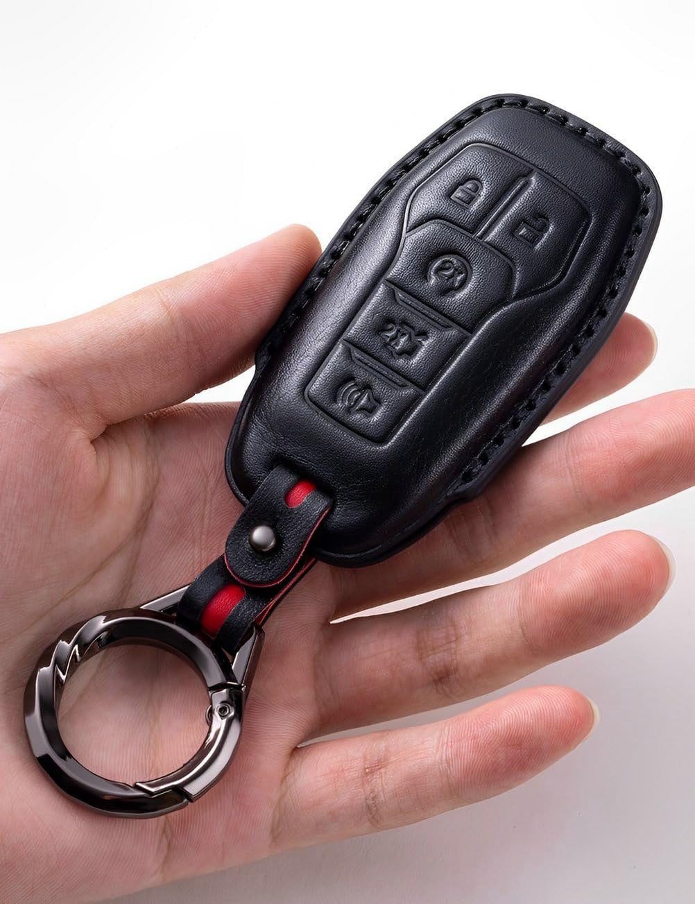 for Ford Key Fob Cover Leather Key Fob Holder 5 Button Car Smart Remote Key Case Keychain Compatible with Mustang Explorer F150 Fusion Edge Lincoln MKZ MKC