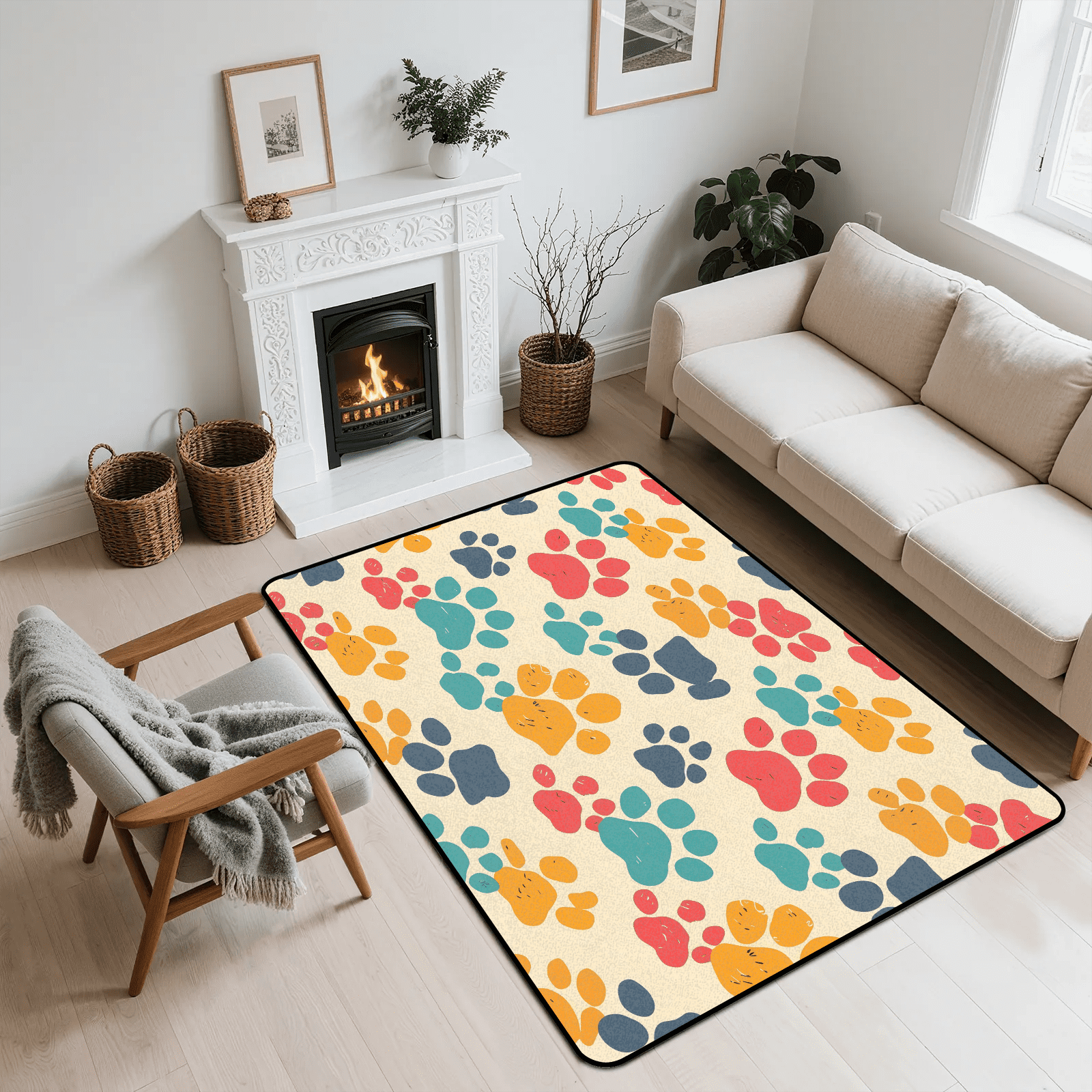 CURLYOOT Dog Paw Print Pet Rug for Living Room Bedroom, 4x6 Ft
