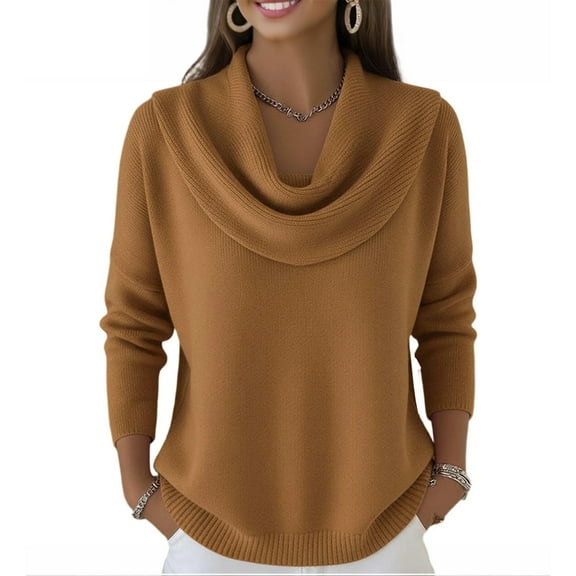 Cowl Neck Sweater for Women Chunky Kintted Sweaters Casual Long Sleeve Pullover Coats Outerwears Teaching Outfits Brown M