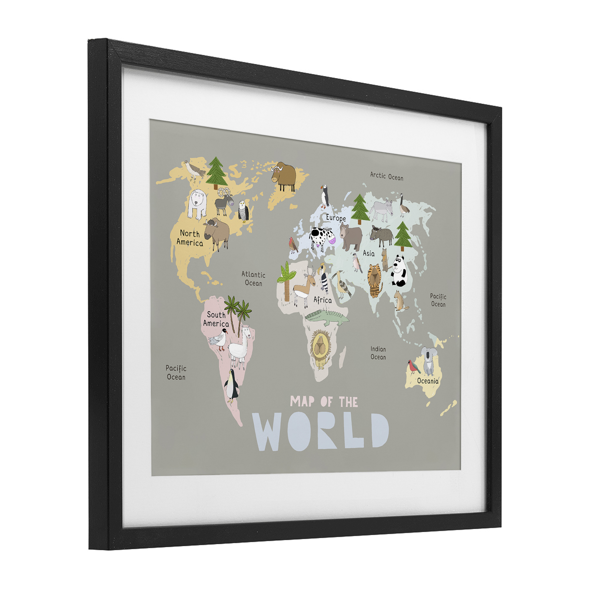 Kid's Map Of World Grey Black Framed Print Under Glass, design by Carla Daly