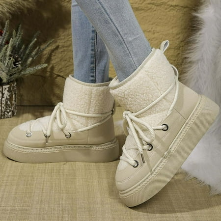 New Release  Thick-Soled Snow Boots  Large Size  Velvet Casual  Warm High-top  Cotton Shoes  Women s  Snowproof  Winter Comfort  Womens Tops Plus Size | Beige 43  Sopatenor