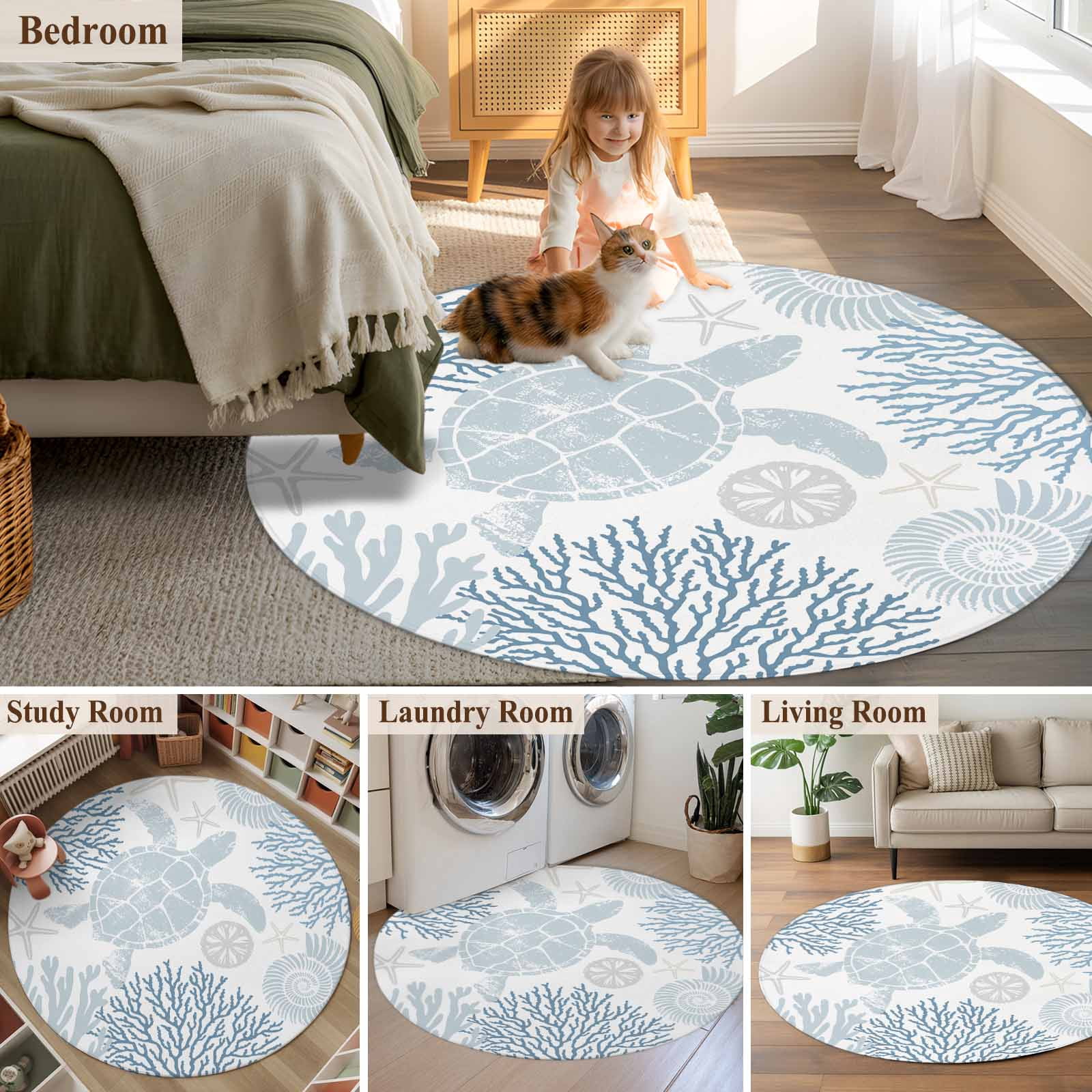 Blue Sea Turtle Round Rugs 6ft, Coastal Coral Summer Beach Nautical Non Slip Washable Rug Runner, Low Pile Indoor Floor Carpet Mat Bathroom Rugs for Living Room, Bedroom, Kids Room