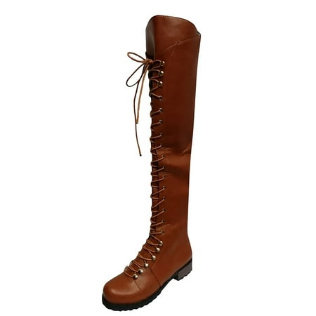DVKOVI Going Out Boots Knee High Boots Women Classic Lace Up Women s Boots Outdoor Low Heeled Round Toe Shoes Western Women s Boots Low Heel Cowboy Boots for Women Brown 42