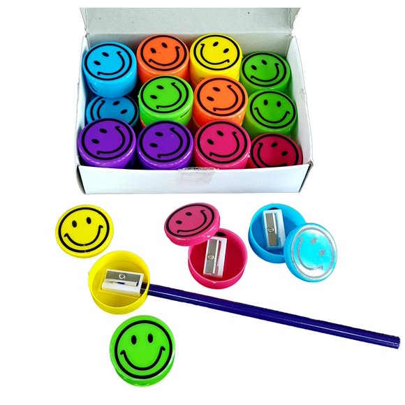 Pencil Sharpeners for Kids with Removable Neon Colored Lids (48 Pack - Smile FACE)