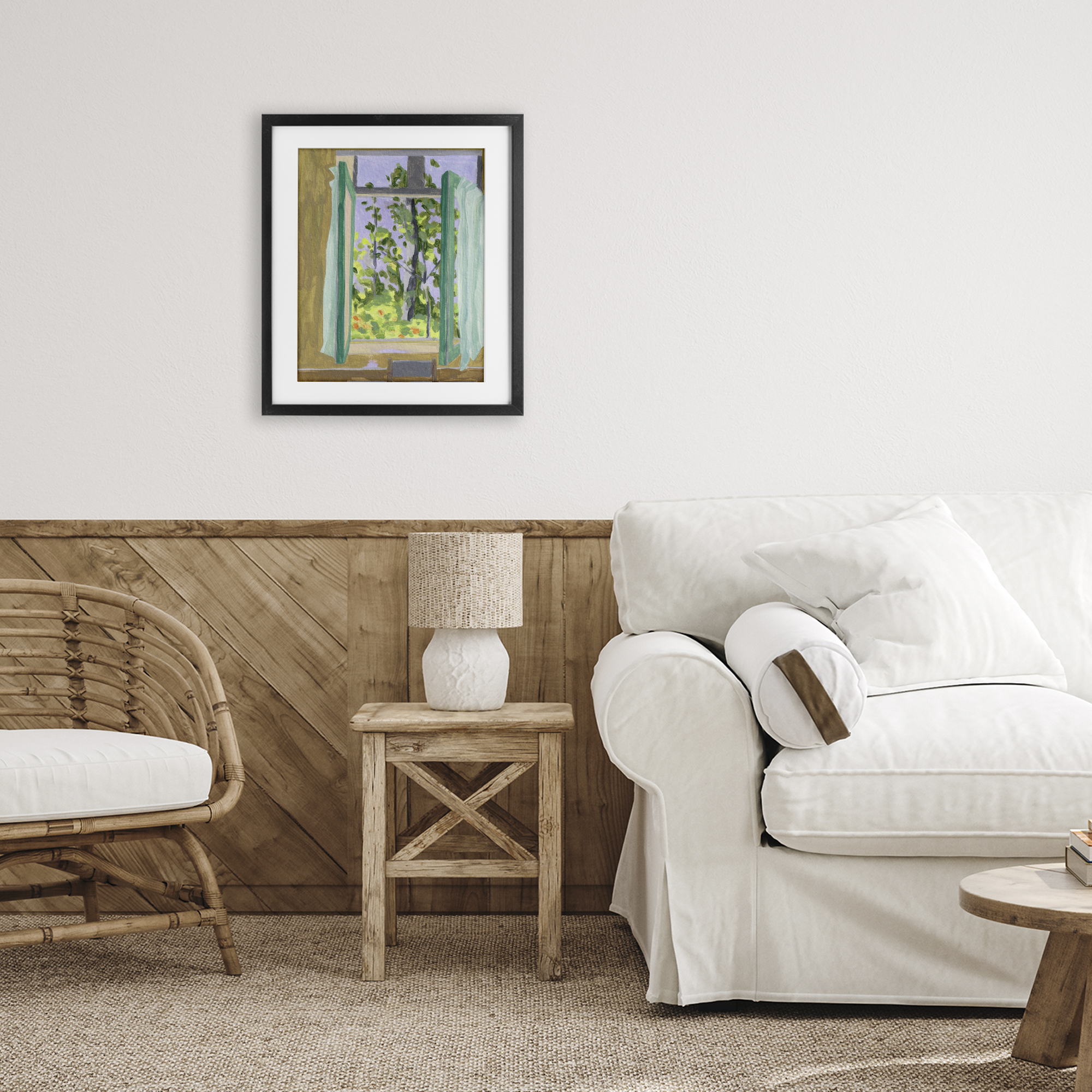 A Seat For Spring Black Framed Print Under Glass, design by Melissa Wang