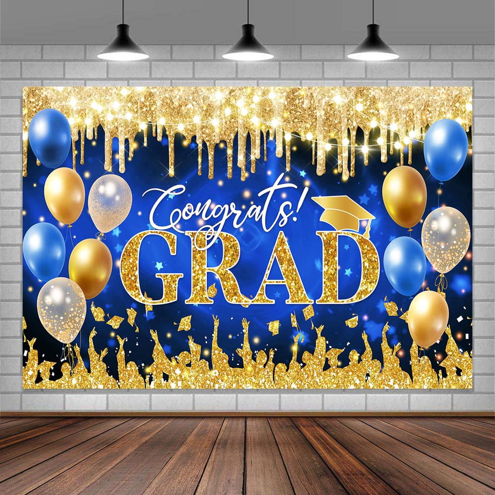 Graduation Party Backdrop Decorations Class of 2025 Blue Gold Congrats Grad Prom Party Photography Backdrops Banner Bachelor Cap Balloon Congratulations Party Background Photo Studio Props,10X6ft