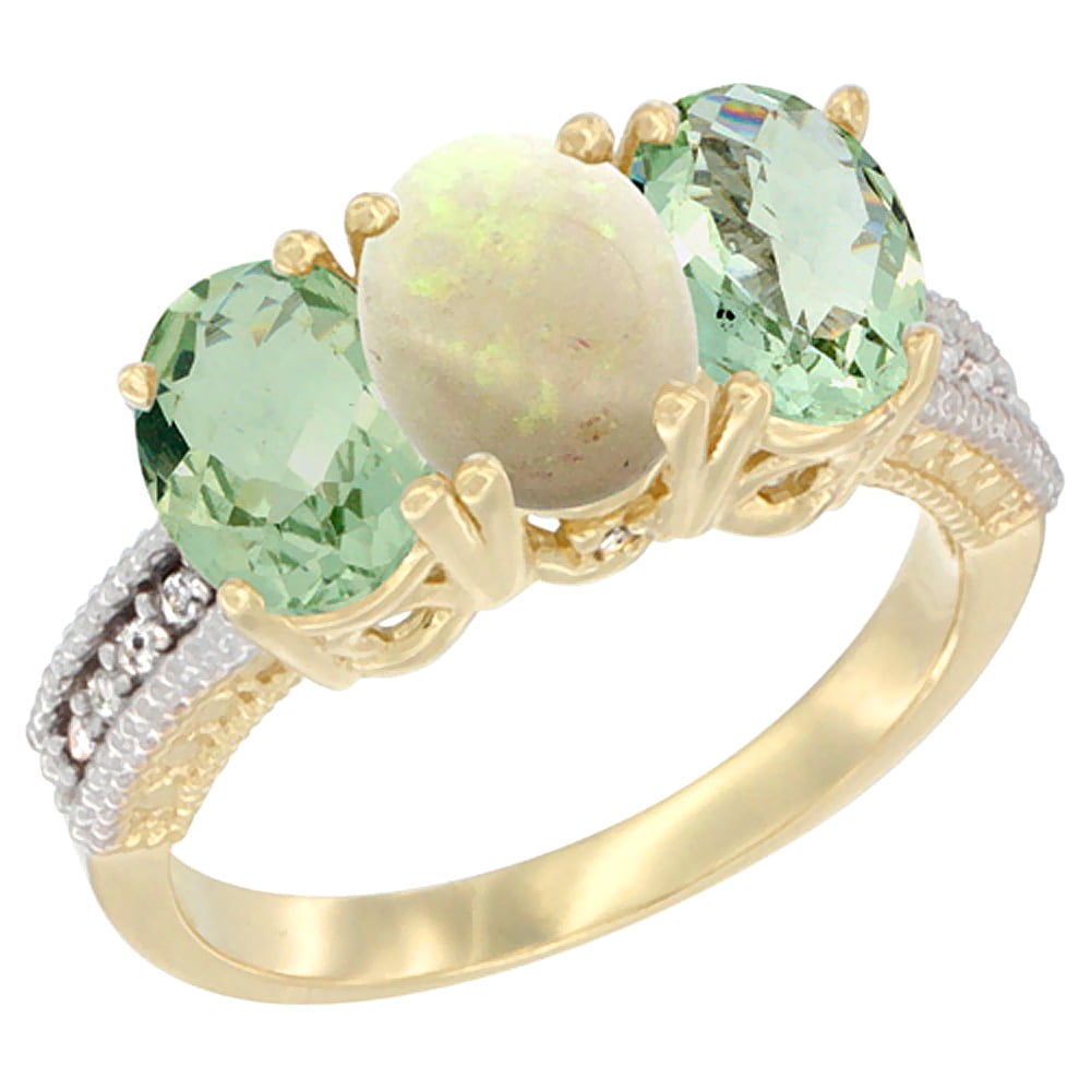 10K Yellow Gold Diamond Natural Opal & Green Amethyst Sides Ring 3-Stone Oval 7x5 mm, sizes 5 10 by WorldJewels