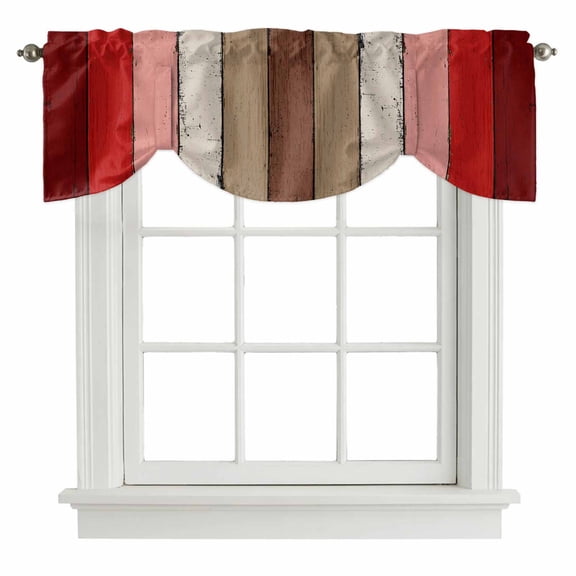 Tie Up Valances for Windows, Red Pink Adjustable Valance Curtains Window Treatment for Living Room/Bedroom, Farmhouse Wood Grain Vintage Brown Striped Rod Pocket Kitchen Curtains & Drapes 42x18 Inch