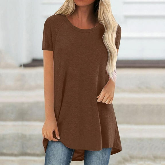 Brown Women's Short Sleeve T-shirt, Women'S Spring And Summer Solid Color Rag Shoulder Long T Shirt Round Neck Loose Short Sleeved Pullover Top For Women,Women's Short sleeve T-shirt S