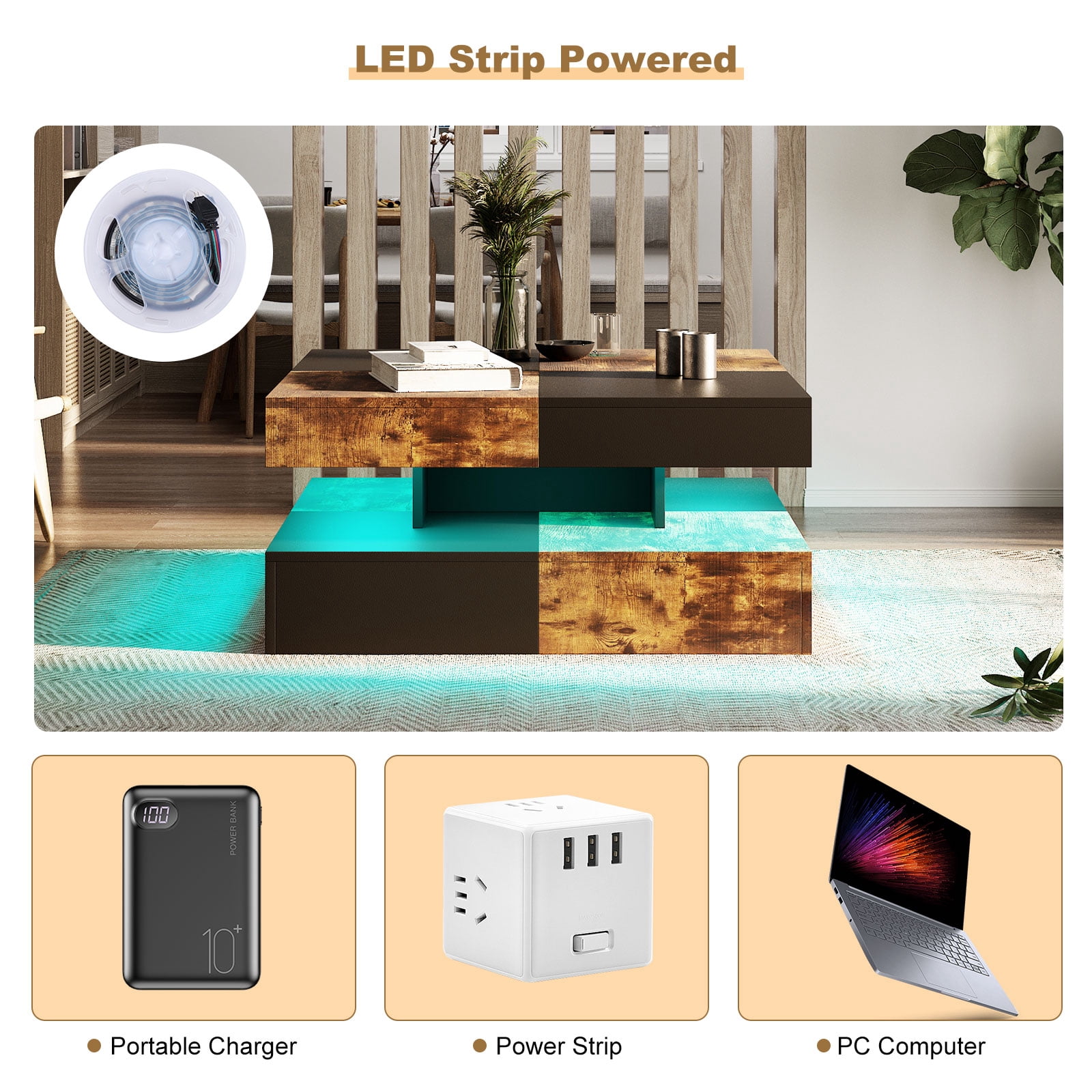 Hironpal Modern Rustic Brown Square LED Coffee Table - 2-Tier Storage, 16-Color LED Light, Contemporary Cocktail Tea Table for Home Office Reception
