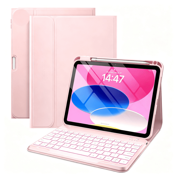 GJX Folio Ipad A16 11Th/10Th Gen Case with Keyboard,Ultra-Light Detachable 7-Color Backlit Keyboard,Pencil Holder; Fits Ipad A16 11-In (2025) & 10Th Gen 10.9-In (2022),Light Pink