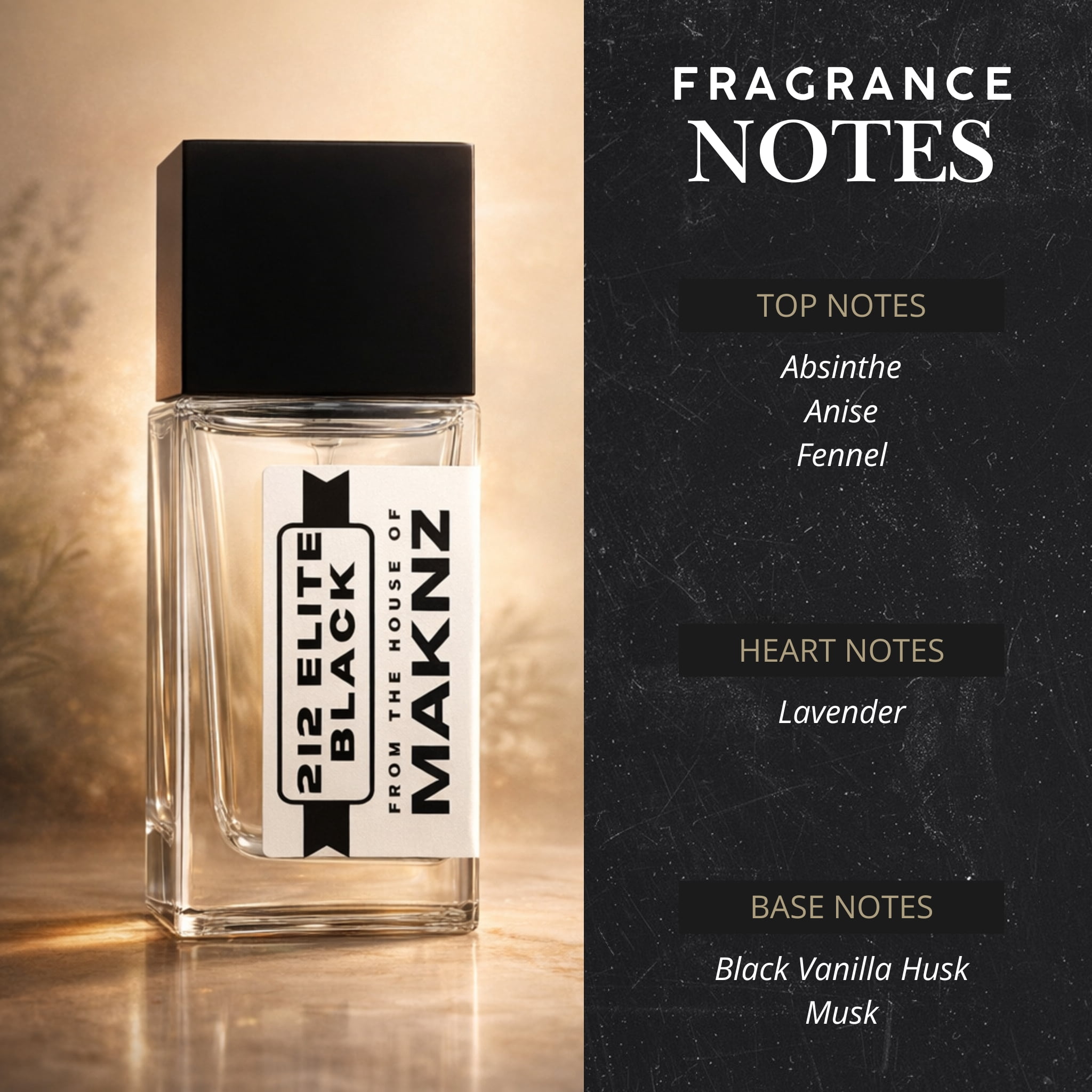 MAKNZ 212 Elite Black Eau de Parfum, Inspired by VIP Black, Cologne for Men, 1.7 oz / 50ml – Aromatic, Vanilla, Soft Spicy, Anise, Lavender, Musky, Powdery, Bitter Sweet, Fresh Spicy