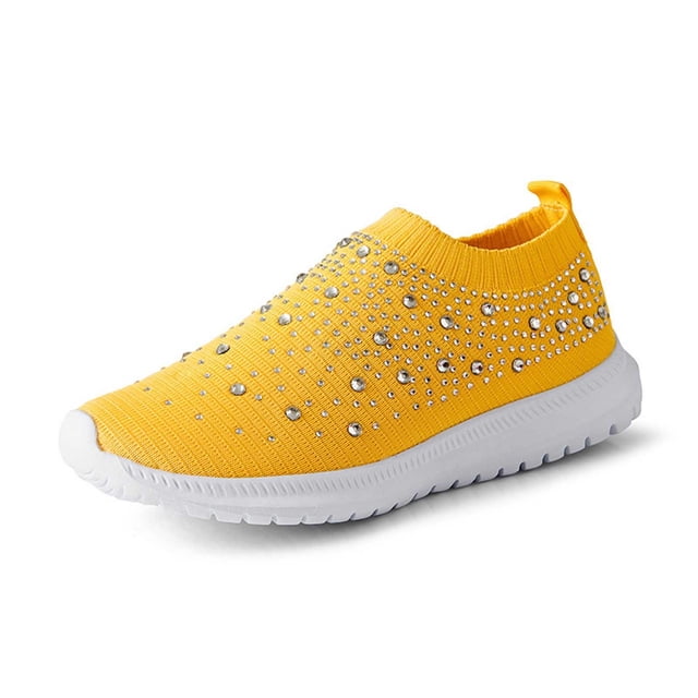 GPOECD Chaussures pour Femmes Décontractées en Maille Respirante à Semelle Plate Chaussures de Marche Confortables pour Usage Quotidien avec Design en Strass Chaussures pour Femmes Jaune,40