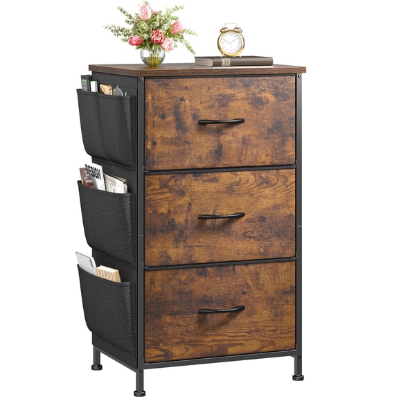 Tall Nightstands with Drawers, Bedside Table with Wooden Top & Sturdy Steel Frame, Storage End Table with 4 Cloth Bags for Bedroom, Dorm, Entryway, Rustic Brown