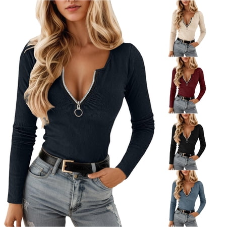 LiuXxxx Women s Zip Up Tee Crew Neck Long Sleeve Casual Top Navy M