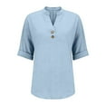 thumbnail image 4 of VJGBEGW Women Cotton Linen Tunic Tops Casual Half Sleeve 1/4 Button V Neck Shirts Loose Fit Summer Beach Vacation Blouse Light Blue L, 4 of 9
