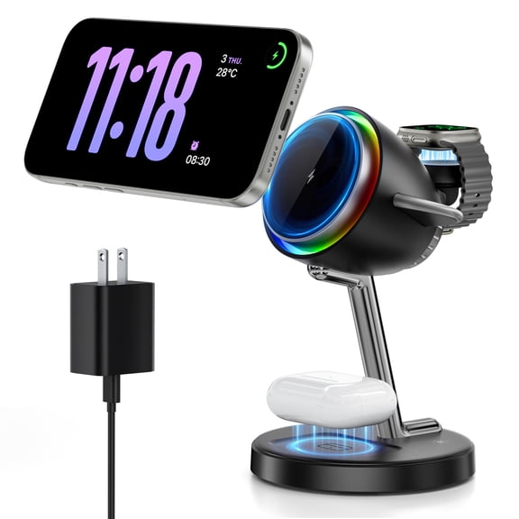 3 in 1 Magnetic Wireless Charging Station, Fast Charging Dock Compatible for iPhone Apple Watch AirPods, Airplane Shaped Charger Black