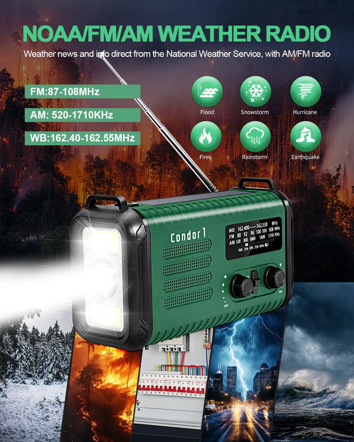 Emergency Crank Radio  20000mah / 74000mwh Solar Hand Weather With Noaa/am/fm Cell Phone Reading Lamp Flashlight & Sos For Emergencies/home (green)