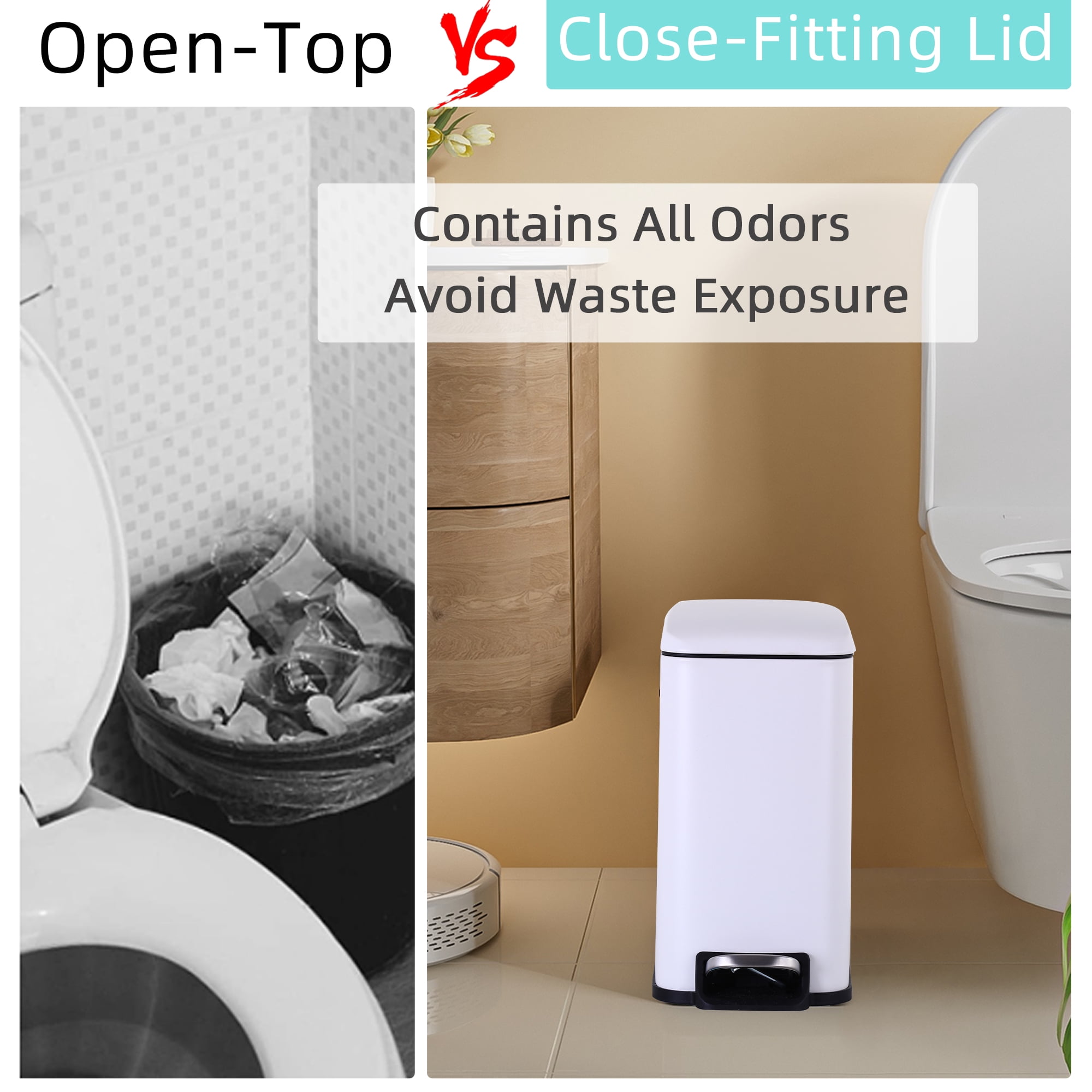CL.HPAHKL Small Bathroom Trash Can with Soft Close Lid, 1.3 Gallon Stainless Steel Garbage Can with Removable Inner Bucket, Foot Pedal, Mini Trash Bin for Toilet, Home Office (White, 2 Pack)