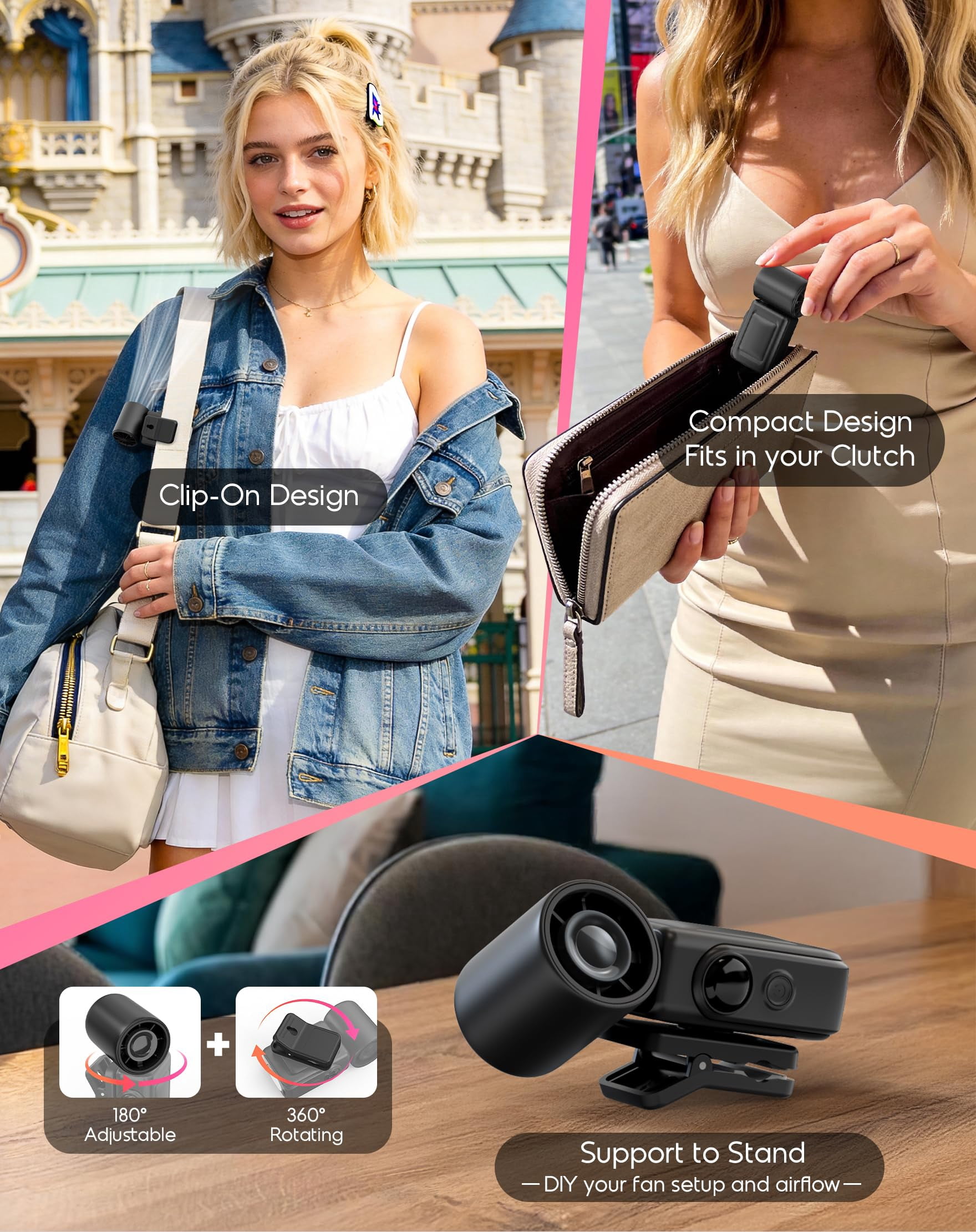 Portable Clip-On Mini Fan, Hands-Free, Turbo Personal Handheld Fans Rechargeable w/4 Wind & LED Display, Pocket Size Summer Cooling Essentials for Travel/Eye Lash/Beach/Concert, Gifts for Women(Pink)