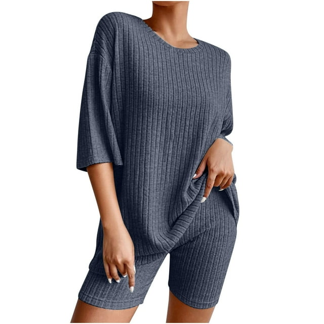 Mikilon Pyjama Décontracté pour Femmes, Ensemble de Sommeil d'Été, Confortable, Version Ample, Col Rond, Ensemble Deux Pièces, Manches Courtes, Blouse/chemise à Col Rond, Bleu Foncé, L