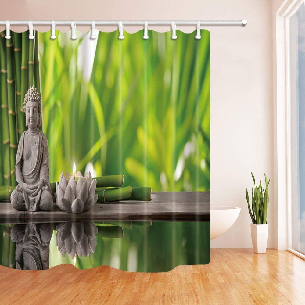 Bamboo forest Buddha Waterproof SPA Fabric Zen Shower Curtain Set Bathroom Hooks 
