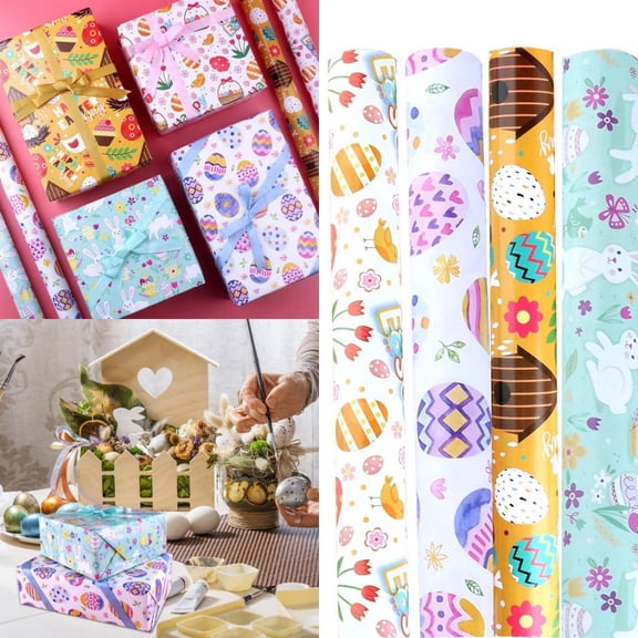 CoreLiving Easter Wrapping Paper Roll with Watercolor Egg, Rabbit, Rainbow Plaid and Happy Easter Letters – 20 Inch 5pcs Roll Gift Wrap