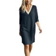 thumbnail image 3 of Vetsdori Women's Solid Color V-Neck Lace 3/4 Sleeve Linen Shift Dress Casual Flowy Summer, 3 of 9