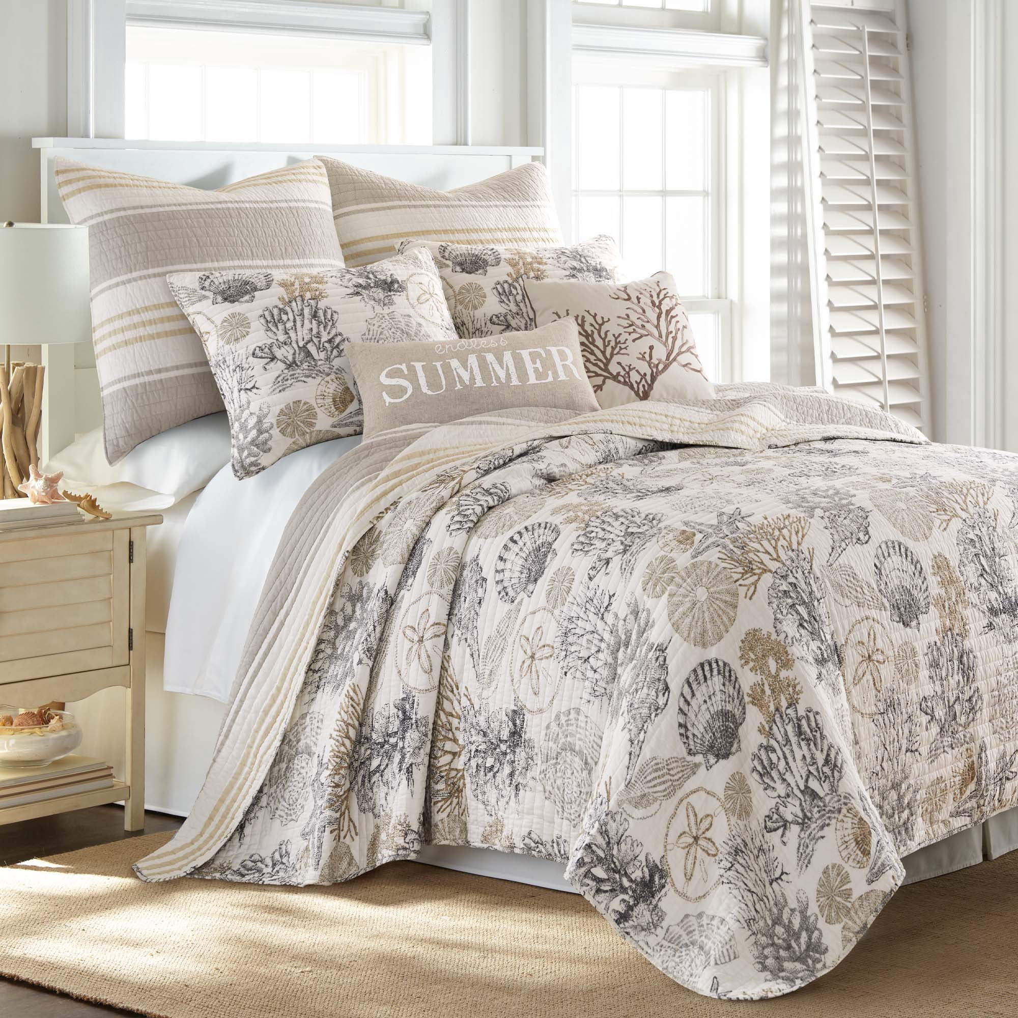 Levtex Home - Capian Sea Neutral Quilt Set - King Quilt (106x92in.) + Two King Pillow Shams (106x92in.) - Coastal - Taupe, Cream, Grey - Reversible - Cotton Fabric