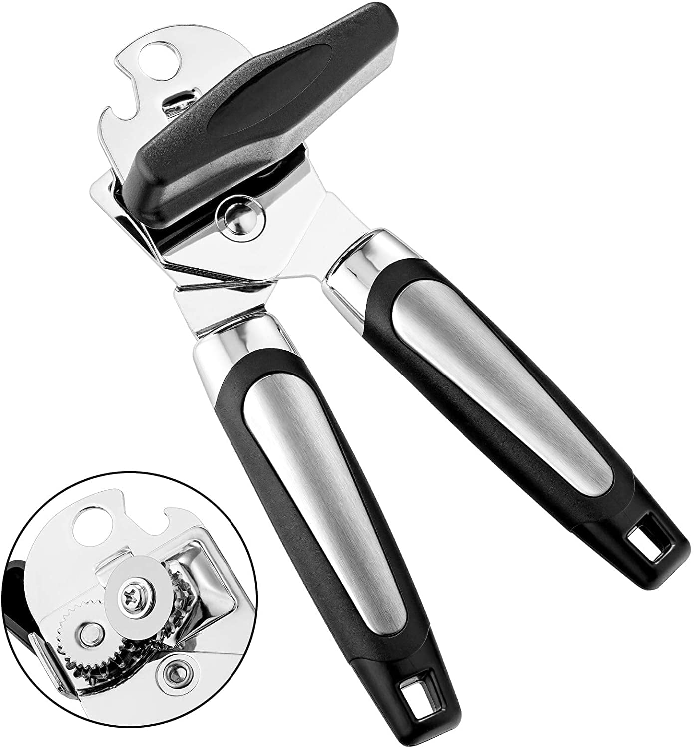 Comfortable Handles Easy To Turn Knob Lid Lifter Restaurant For Kitchen Bottle Opener Stainless Steel Can Opener Camping Sharp Cutting Disc Manual Silver and Black Long 