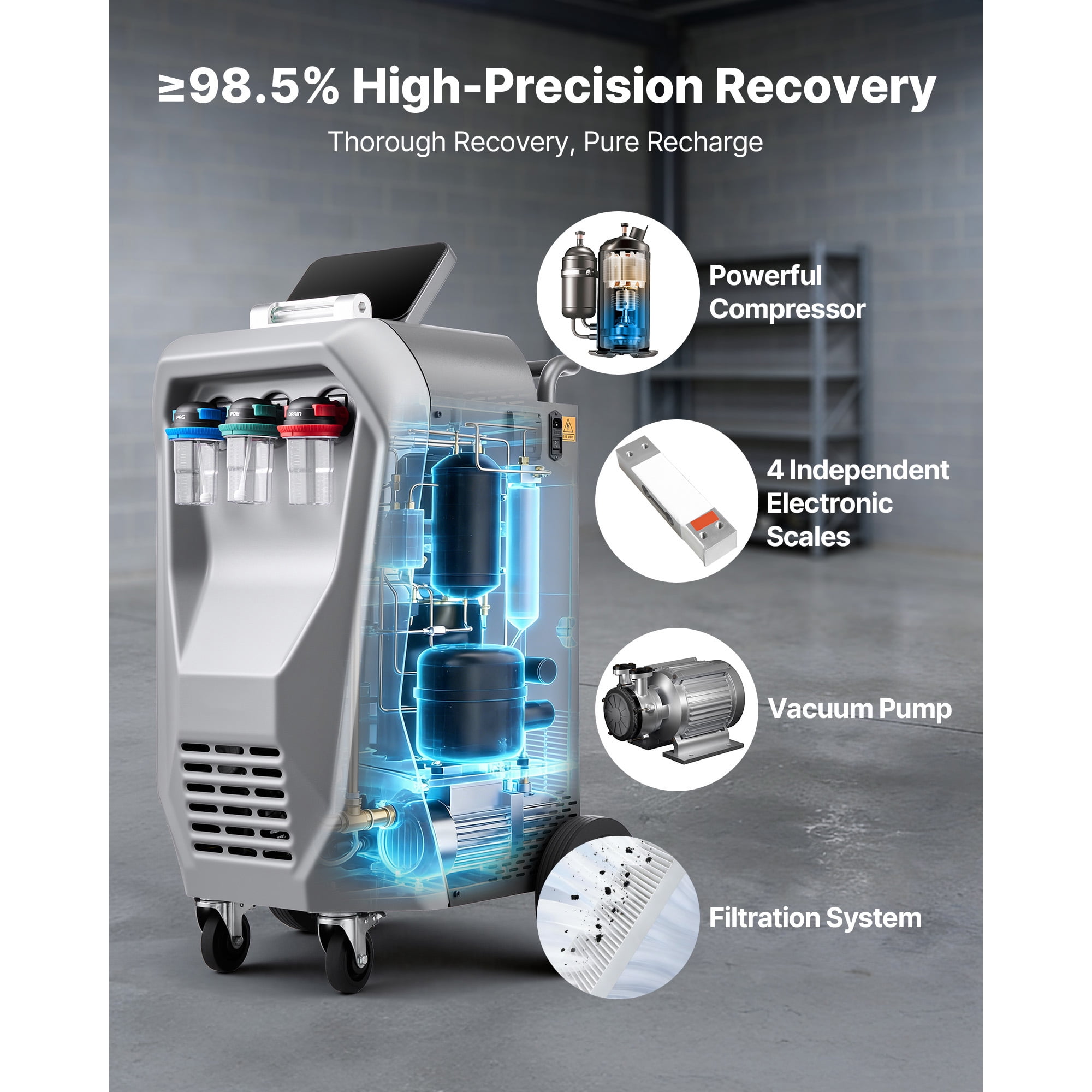 KFFKFF Fully Automatic Refrigerant Recovery Machine for R134a, High Accuracy, 10.1-Inch Touch Screen, AC Recovery, Vacuum, Recharging, and Flushing for Automotive A/C Systems
