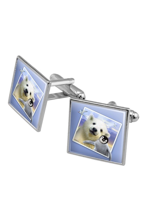 Polar Pals Selfie Picture Polar Bear Penguin Square Cufflink Set - Silver or Gold