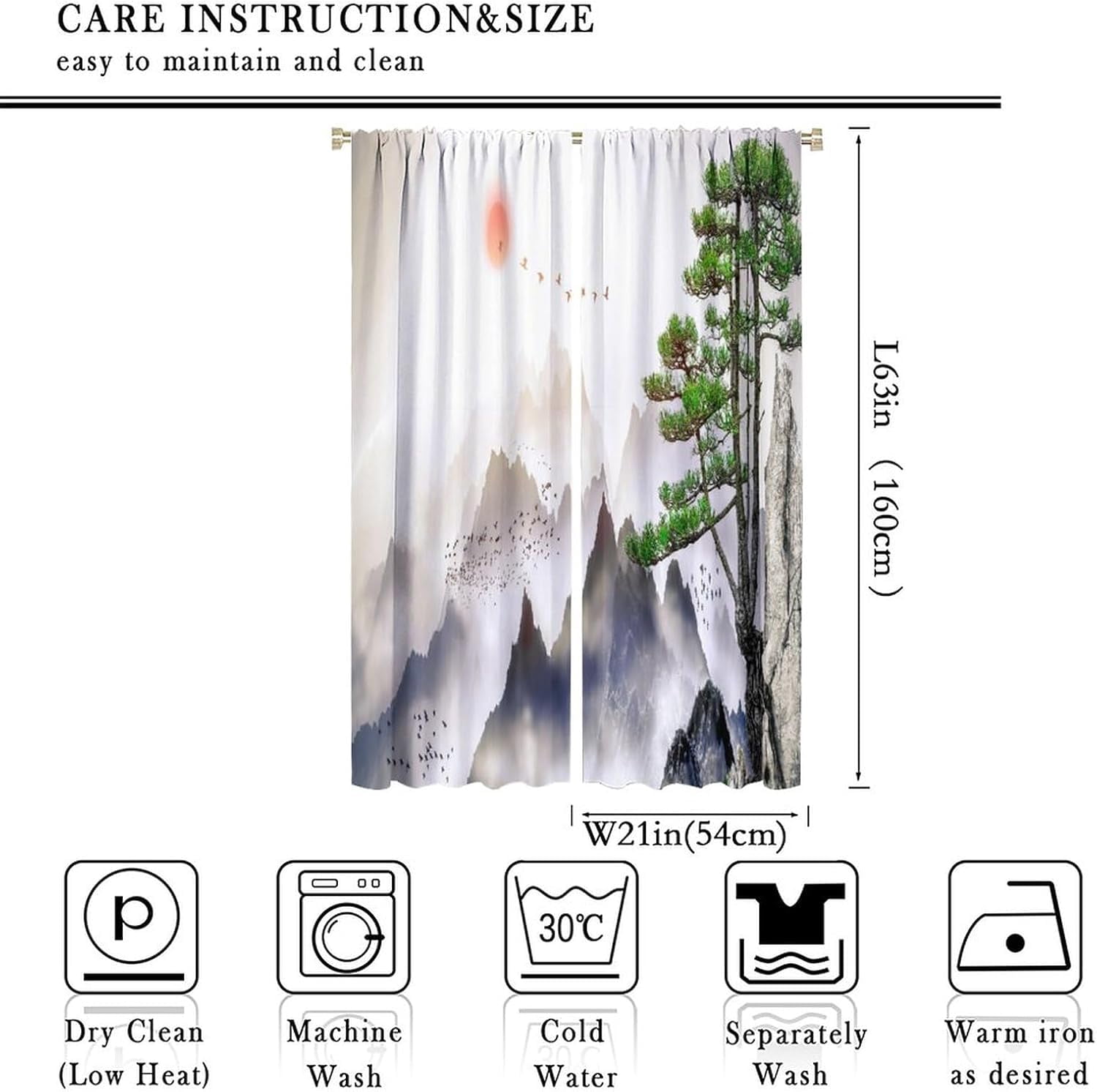 Asian Kitchen Curtains Traditional Chinese Ink Landscape Painting Green Branches and Animal Birds for Living Room Bedroom Blackout Privacy Noise Reduction Curtains 42x63 Inches 2 Panels