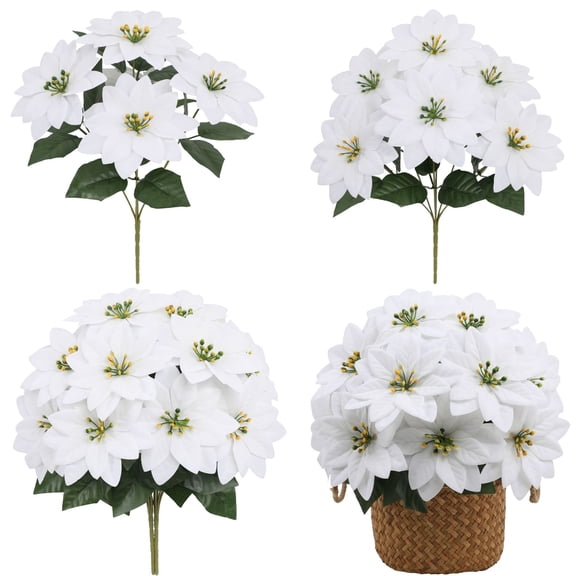 Janrevotw 3-Piece Artificial Poinsettia Bushes, 13.4-Inch Artificial Red Velvet Poinsettia Flowers For Indoor/Outdoor Christmas Tree, Home, Porch Decorations  (White)