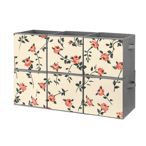 Collapsible Oxford Fabric Storage Cubes with Handles, Large Mid Foldable Oxford Cloth Bins Set of 2/6, Closet Organizers for Shelves Clothes Home Kitchen Toy - Rose Illustration