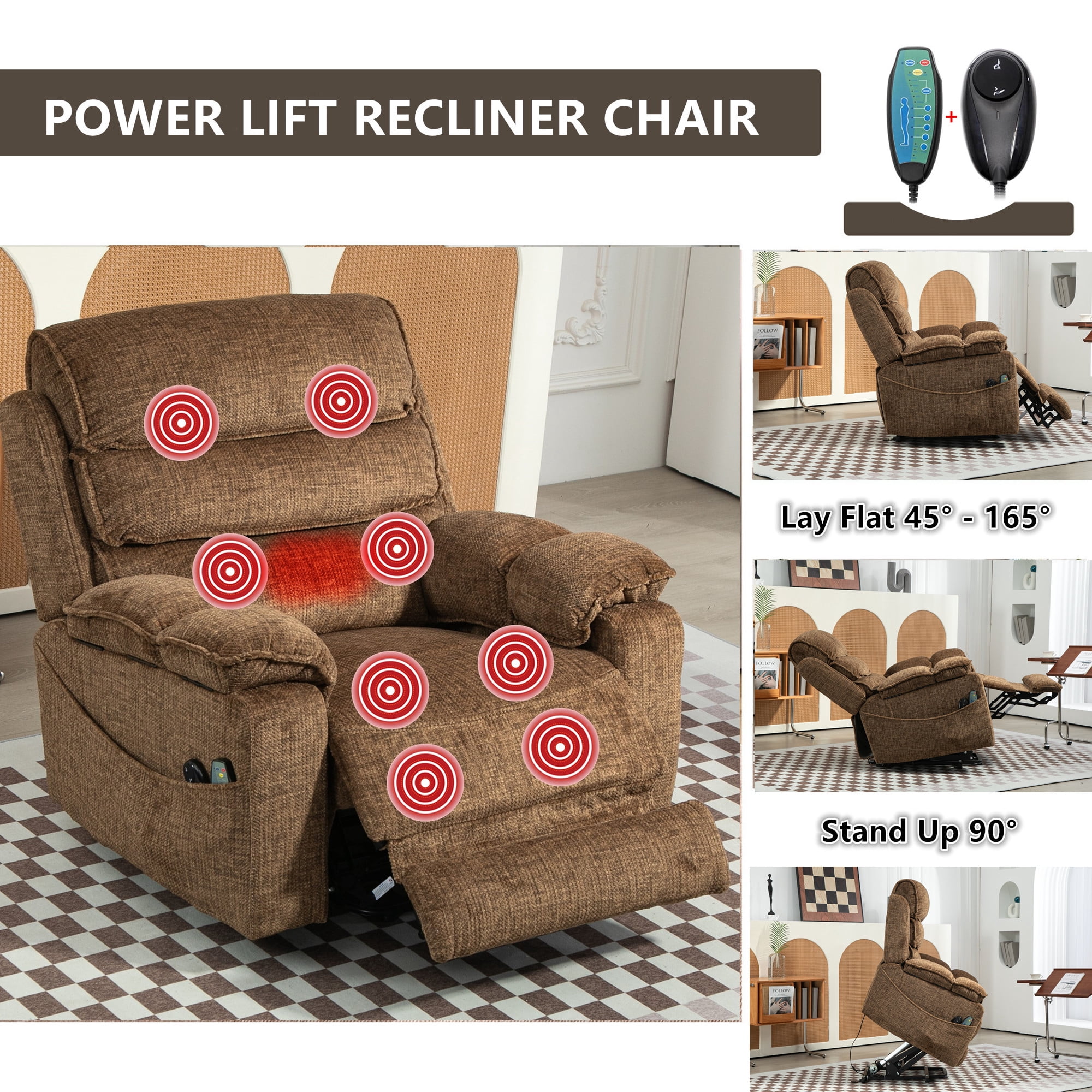 LITVZ Power Lift Chair with Heat and Massage for Elderly Big Man 400lb, 27in Extra Wide Lay Flat Recliner with Hidden Cup Holders, Infinite Position Lifting Recliners for Seniors, Extended Footrest