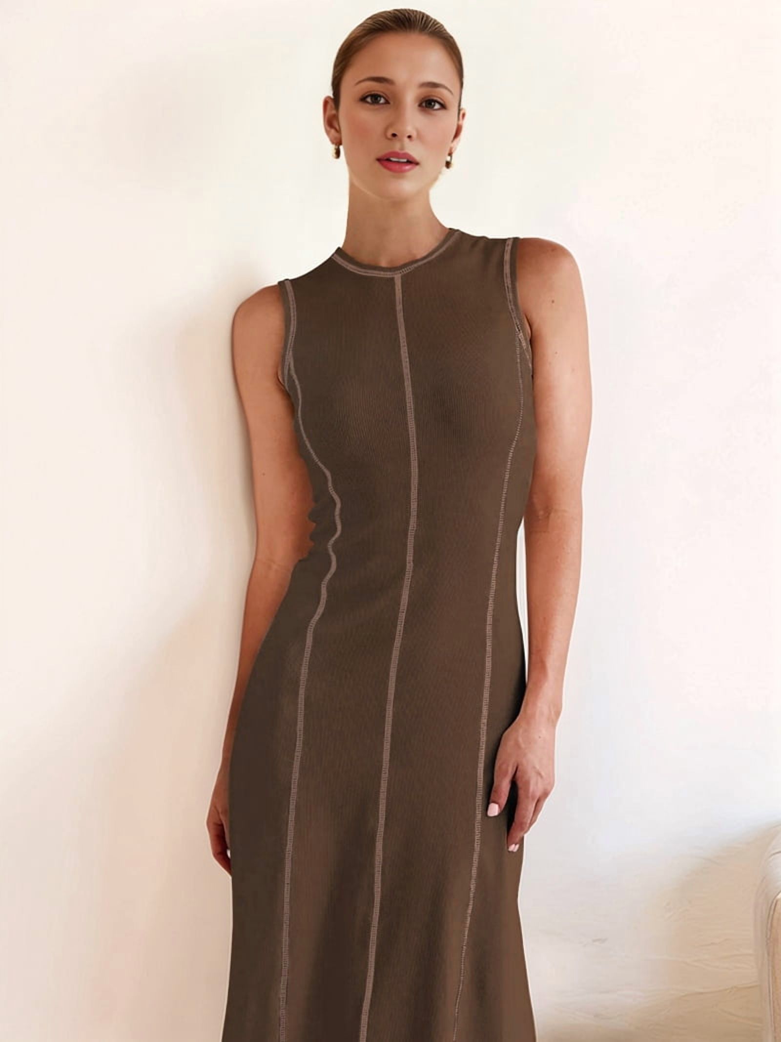 Womens Sleeveless T Shirt Dress Summer Contrast Ribbed Knit Tank Maxi Dresses Coffee Color S