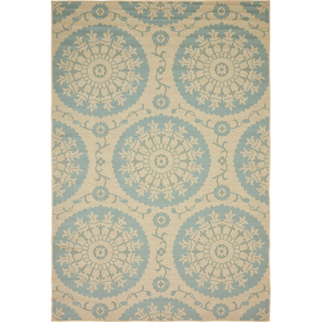 Unique Loom Collection Geometric, Botanical, Coastal, Bohemian, Indoor and Outdoor Area Rug, 6 x 9 ft, Light Blue/Beige