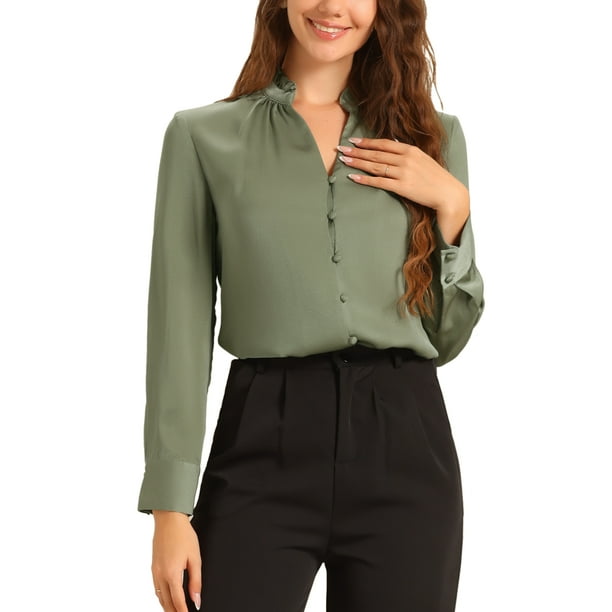 CAMISA DE SATÉN DE MANGA LARGA CON CUELLO ALTO Y VOLANTES PARA MUJERES INSPIRADAS CHIC XL VERDE POLVO