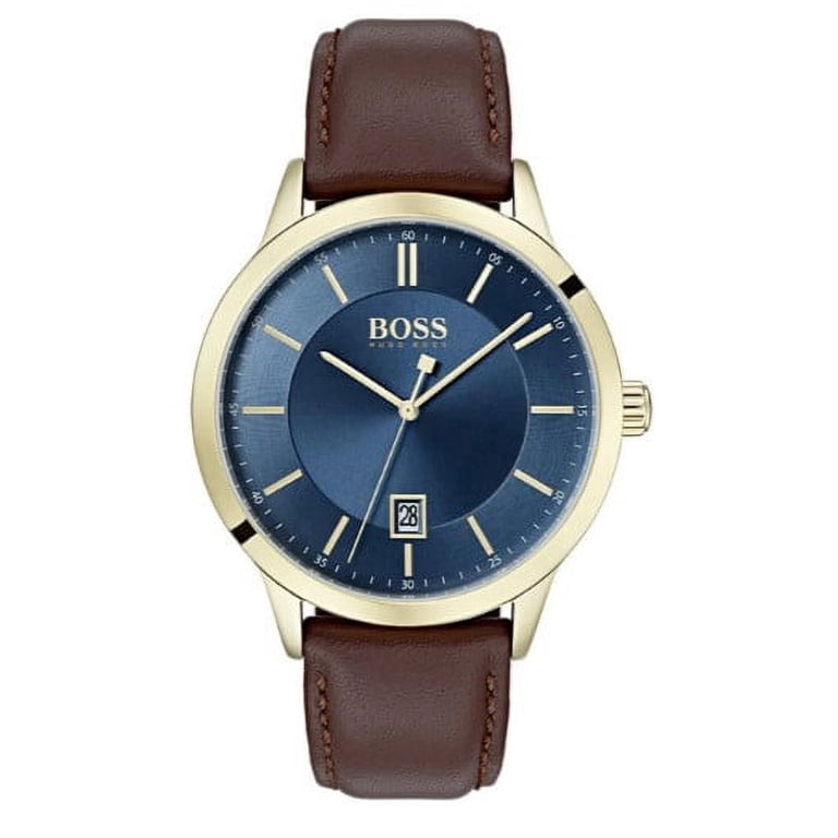 HUGO BOSS Mens Watch, Blue Dial, Brown Leather Band, Stainless