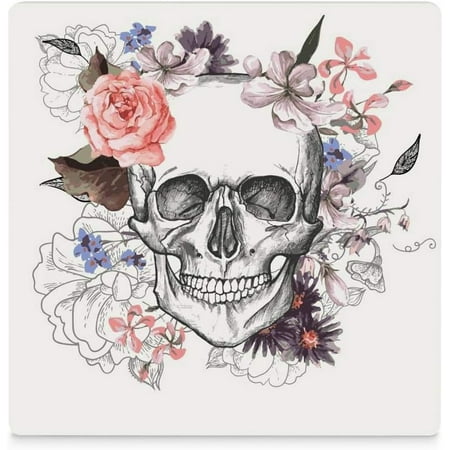 

Printed Square Skull and Flowers Ceramic Coasters with Cork-Backed for Coffee Drink Cup Mat Absorbent Stone Coaster Set of 4/6