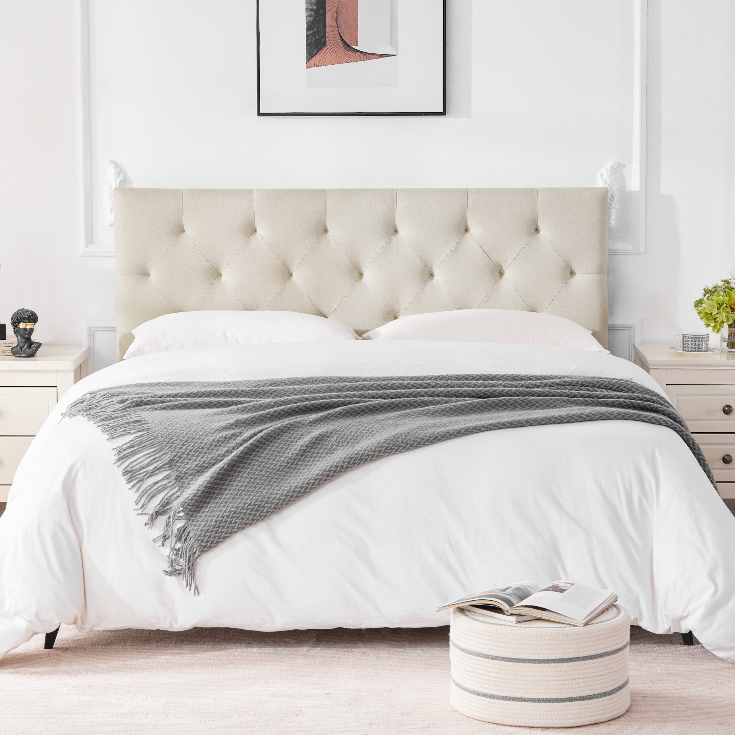 Weture Linen Upholstered Full Headboard, Modern Diamond Tufting, Adjustable Height, Beige