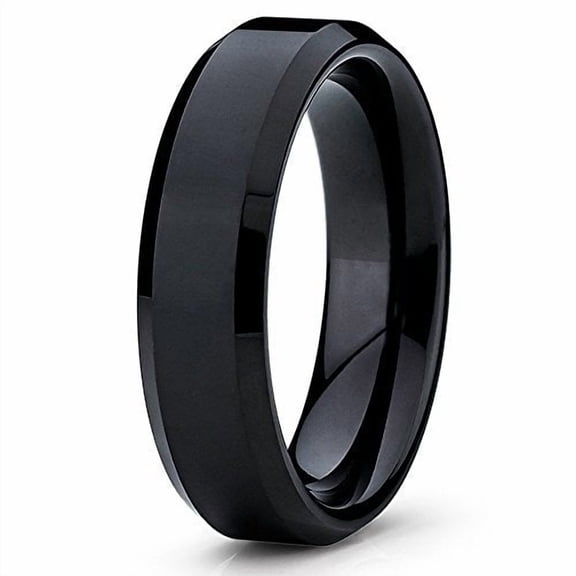 Tungsten Wedding Band 6mm Black Tungsten Ring Tungsten Carbide Ring Beveled Shiny Polish Men and Women Comfort Fit