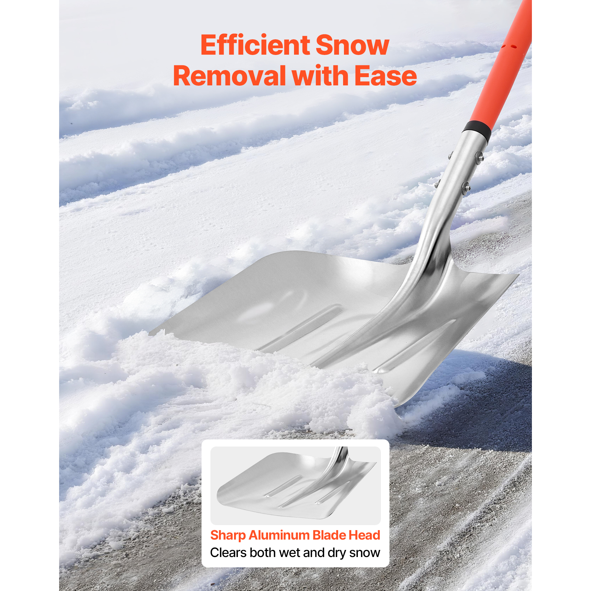 KFFKFF 14-Inch Wide Aluminum Snow Shovel with D-Handle, Lightweight Snow Removal Tool for Driveways, Gardens, Cars, and Camping