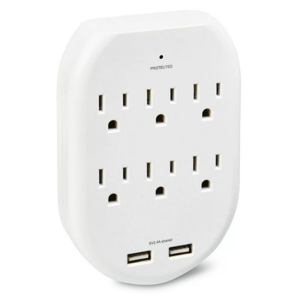 onn. 6 AC Outlets 2 USB Ports Surge Protector Wall Tap, 560 Joule Rating