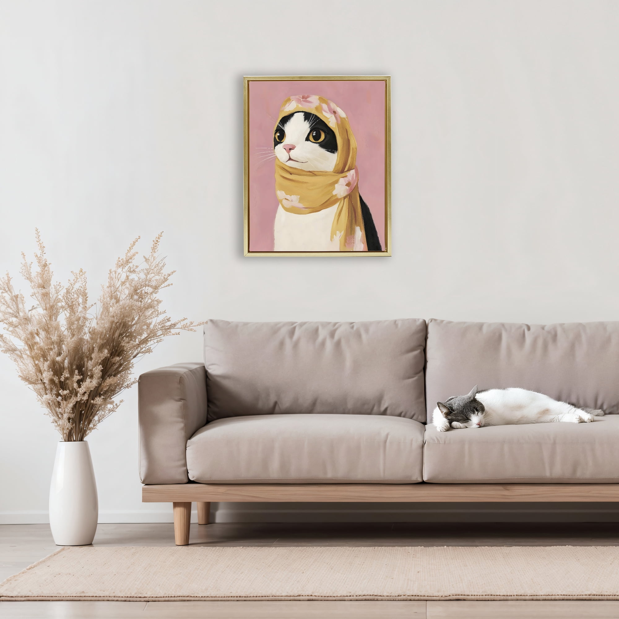 Stupell Industries Cat Babushka in Yellow Scarf Gold Framed Floater Canvas Wall Art, design by The Prints Vibe